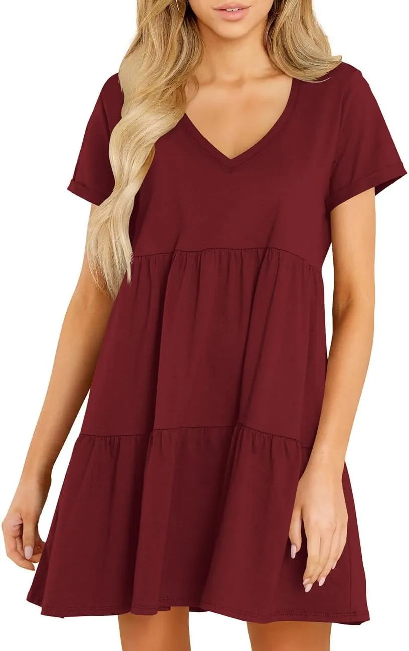 Cosonsen Womens Summer Casual Dresses 2025 Short Sleeve V-Neck Tshirt Dress Flowy Babydoll Dress