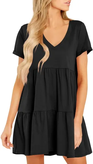 Cosonsen Womens Summer Casual Dresses 2025 Short Sleeve V-Neck Tshirt Dress Flowy Babydoll Dress