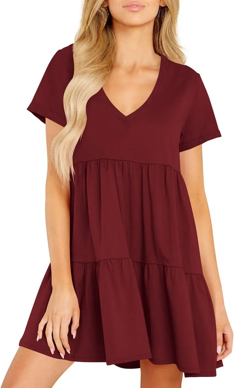 Cosonsen Womens Summer Casual Dresses 2025 Short Sleeve V-Neck Tshirt Dress Flowy Babydoll Dress