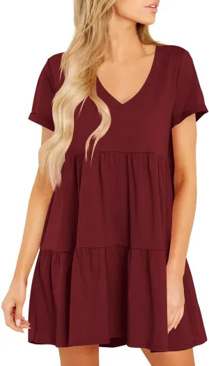 Cosonsen Womens Summer Casual Dresses 2025 Short Sleeve V-Neck Tshirt Dress Flowy Babydoll Dress