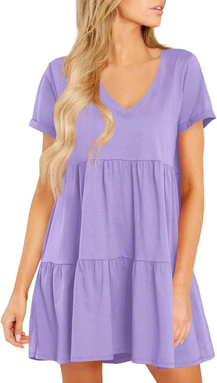 Cosonsen Womens Summer Casual Dresses 2025 Short Sleeve V-Neck Tshirt Dress Flowy Babydoll Dress