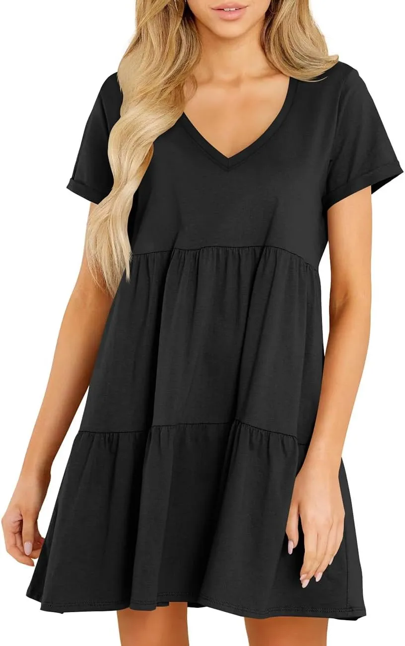 Cosonsen Womens Summer Casual Dresses 2025 Short Sleeve V-Neck Tshirt Dress Flowy Babydoll Dress