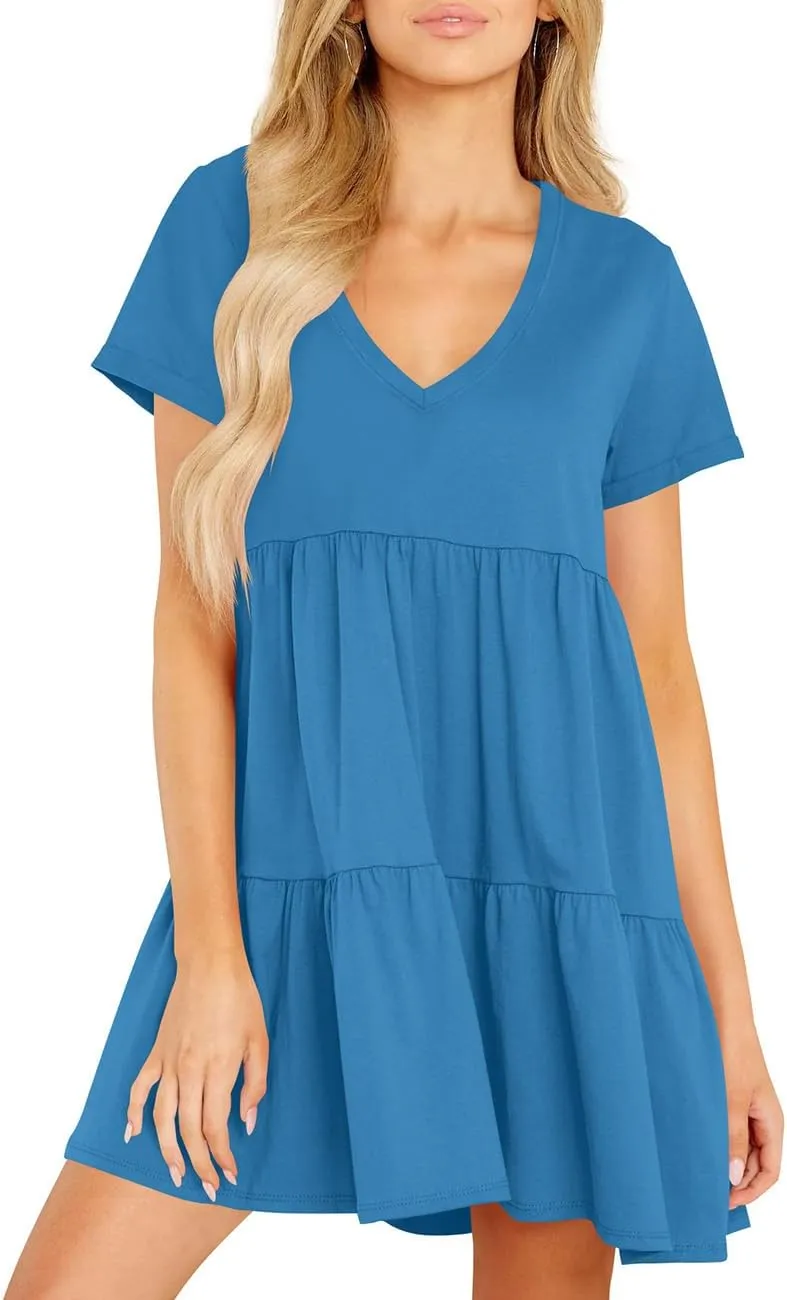 Cosonsen Womens Summer Casual Dresses 2025 Short Sleeve V-Neck Tshirt Dress Flowy Babydoll Dress