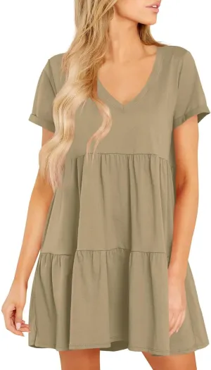 Cosonsen Womens Summer Casual Dresses 2025 Short Sleeve V-Neck Tshirt Dress Flowy Babydoll Dress