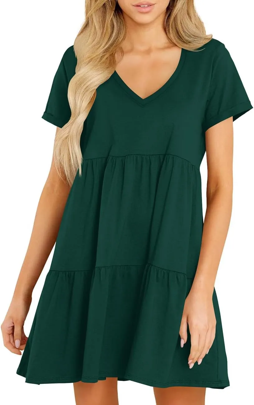 Cosonsen Womens Summer Casual Dresses 2025 Short Sleeve V-Neck Tshirt Dress Flowy Babydoll Dress
