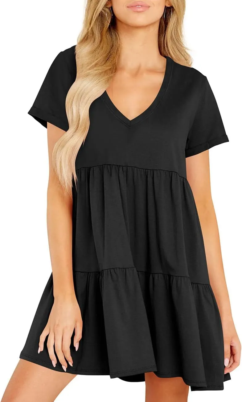 Cosonsen Womens Summer Casual Dresses 2025 Short Sleeve V-Neck Tshirt Dress Flowy Babydoll Dress