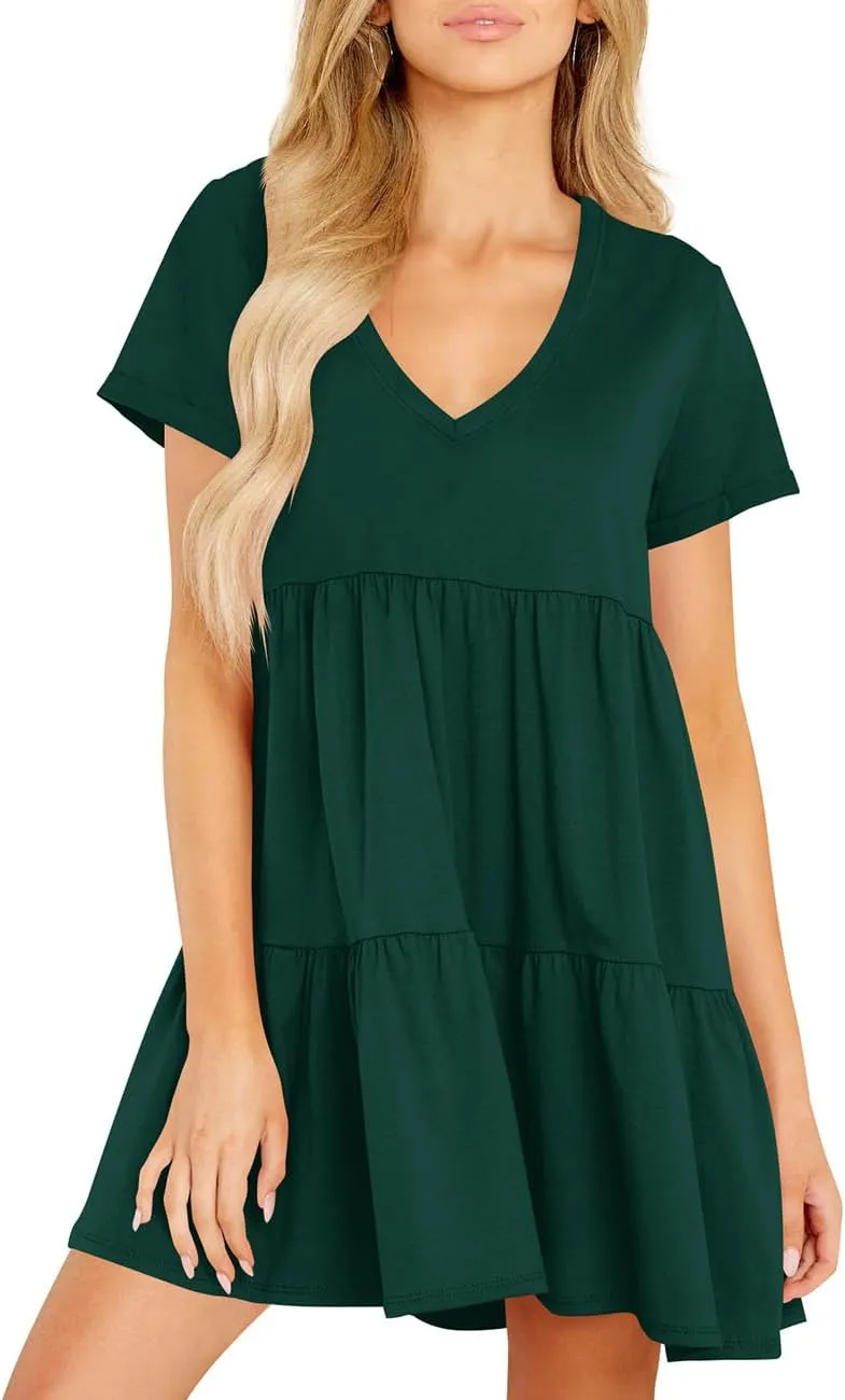 Cosonsen Womens Summer Casual Dresses 2025 Short Sleeve V-Neck Tshirt Dress Flowy Babydoll Dress