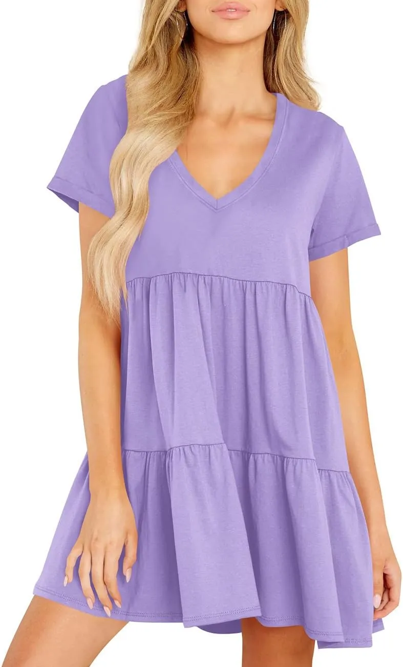 Cosonsen Womens Summer Casual Dresses 2025 Short Sleeve V-Neck Tshirt Dress Flowy Babydoll Dress