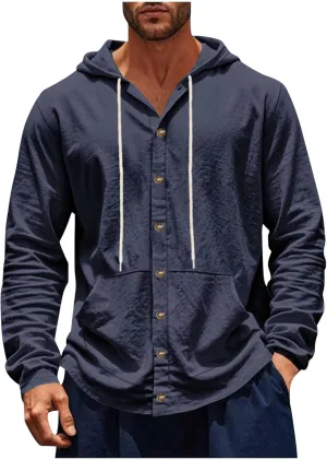 Cotton Hoodie for Mens Long Sleeve Linen Button Down Shirt Drawstring with Pockets Casual Summer Beach Hooded Shirts