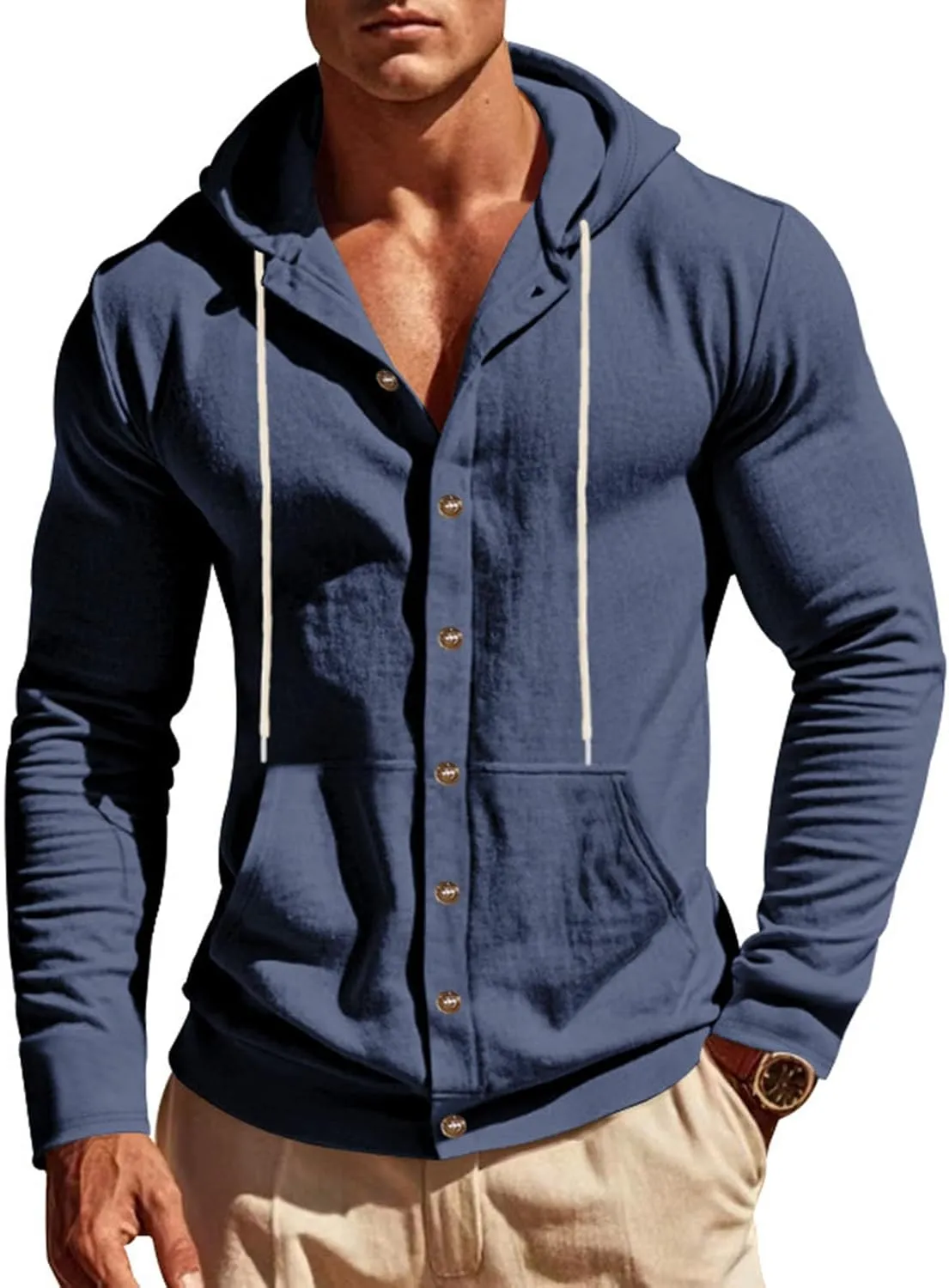 Cotton Hoodie for Mens Long Sleeve Linen Button Down Shirt Drawstring with Pockets Casual Summer Beach Hooded Shirts