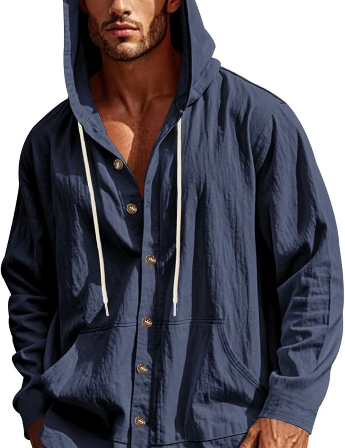 Cotton Hoodie for Mens Long Sleeve Linen Button Down Shirt Drawstring with Pockets Casual Summer Beach Hooded Shirts