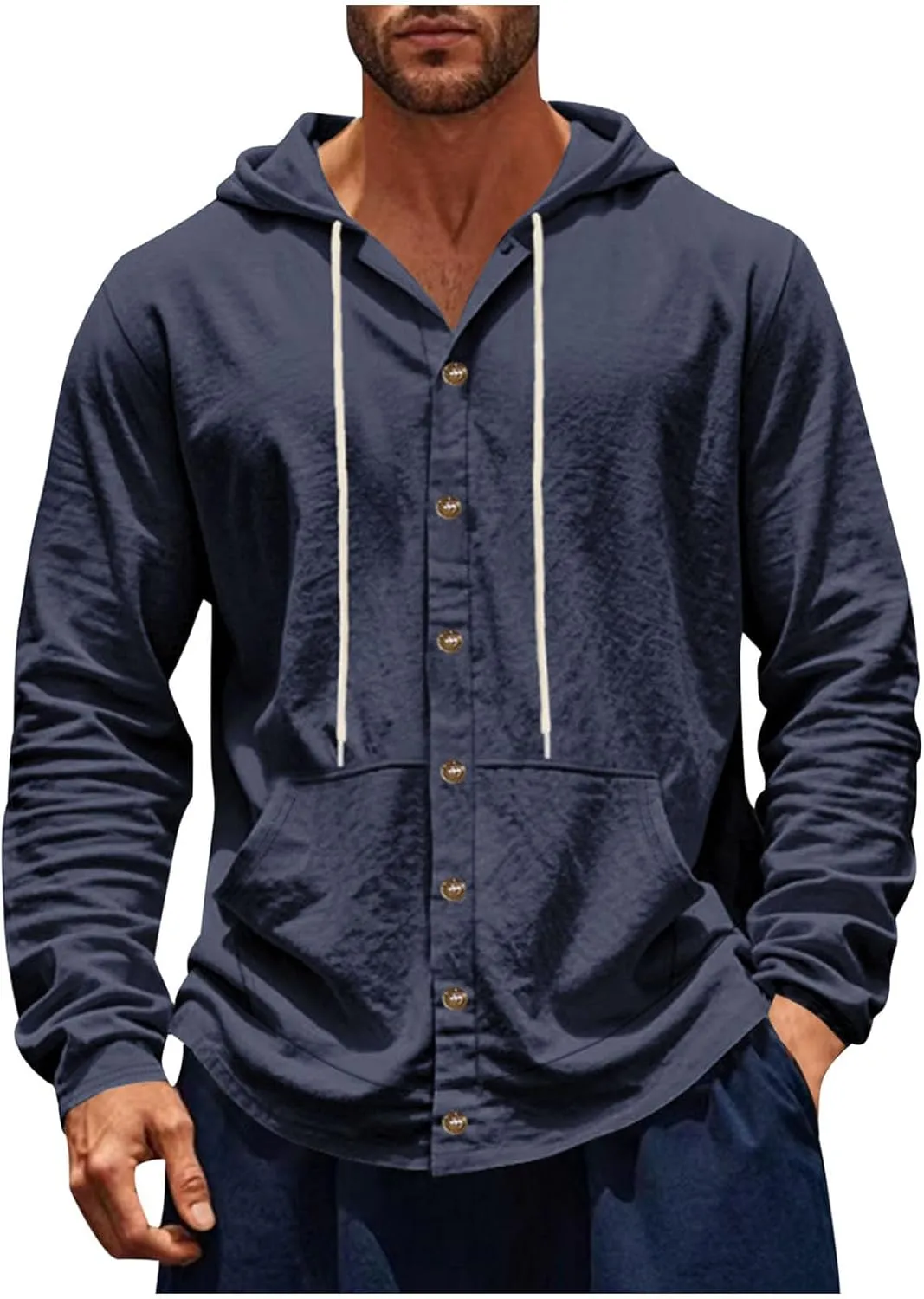 Cotton Hoodie for Mens Long Sleeve Linen Button Down Shirt Drawstring with Pockets Casual Summer Beach Hooded Shirts