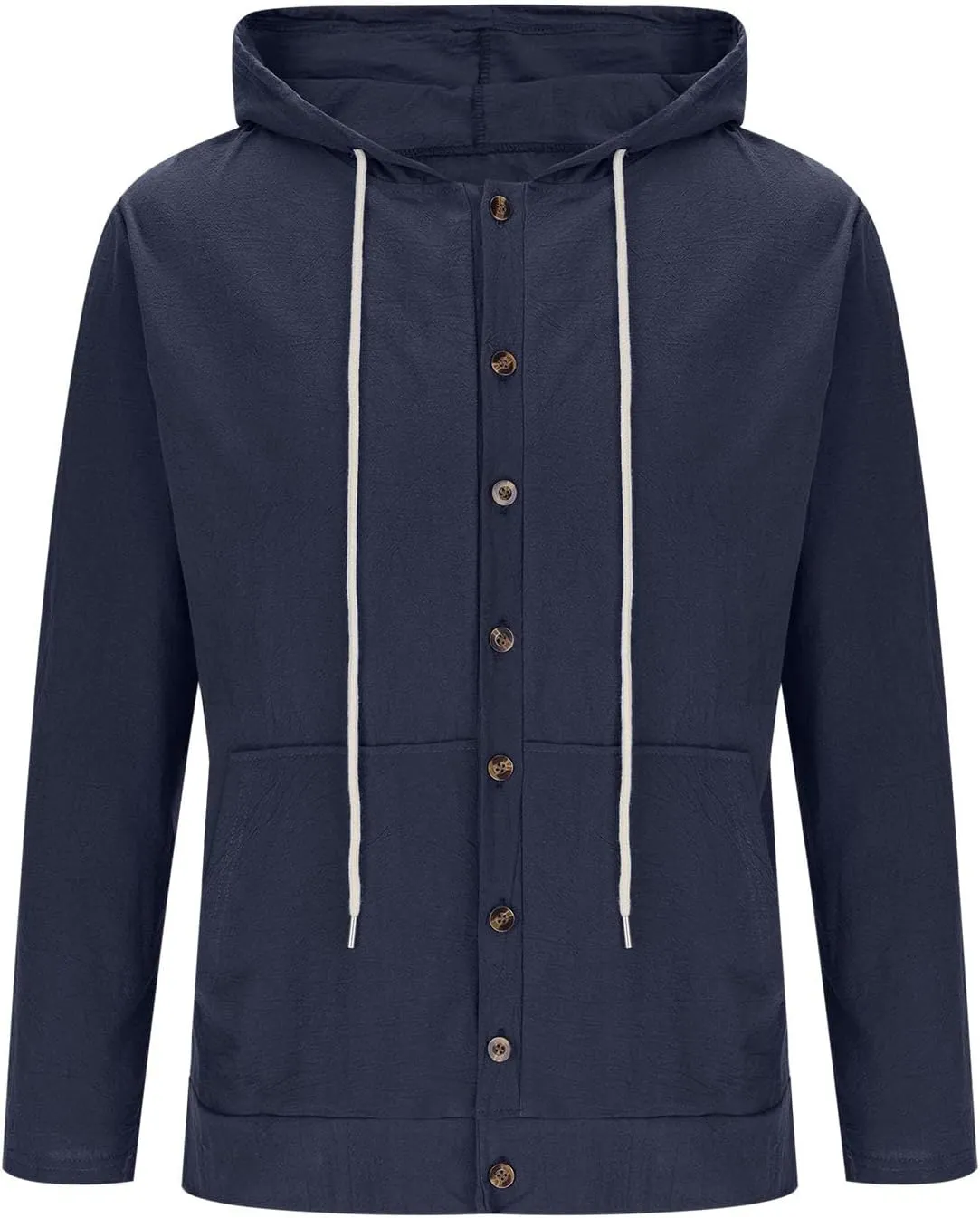 Cotton Hoodie for Mens Long Sleeve Linen Button Down Shirt Drawstring with Pockets Casual Summer Beach Hooded Shirts
