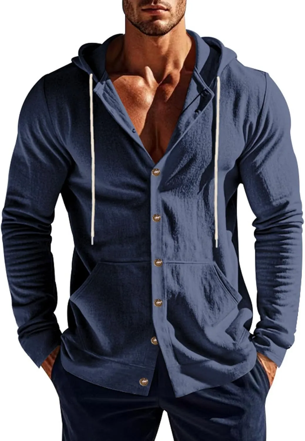 Cotton Hoodie for Mens Long Sleeve Linen Button Down Shirt Drawstring with Pockets Casual Summer Beach Hooded Shirts