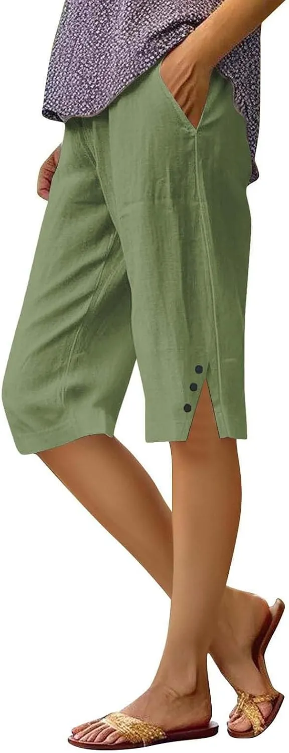 Cotton Linen Pants Summer Capri Pants for Women Straight Wide Leg Cropped Trousers with Elastic Drawstring Waist