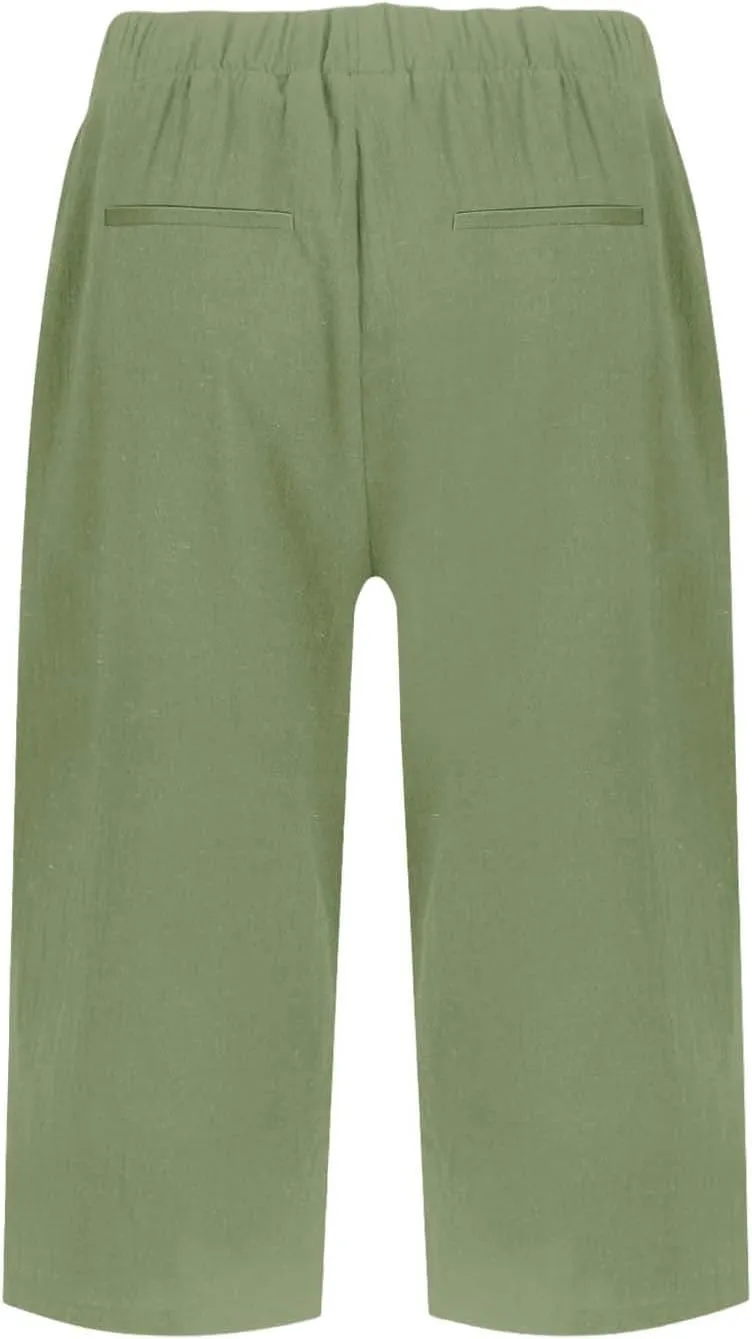 Cotton Linen Pants Summer Capri Pants for Women Straight Wide Leg Cropped Trousers with Elastic Drawstring Waist