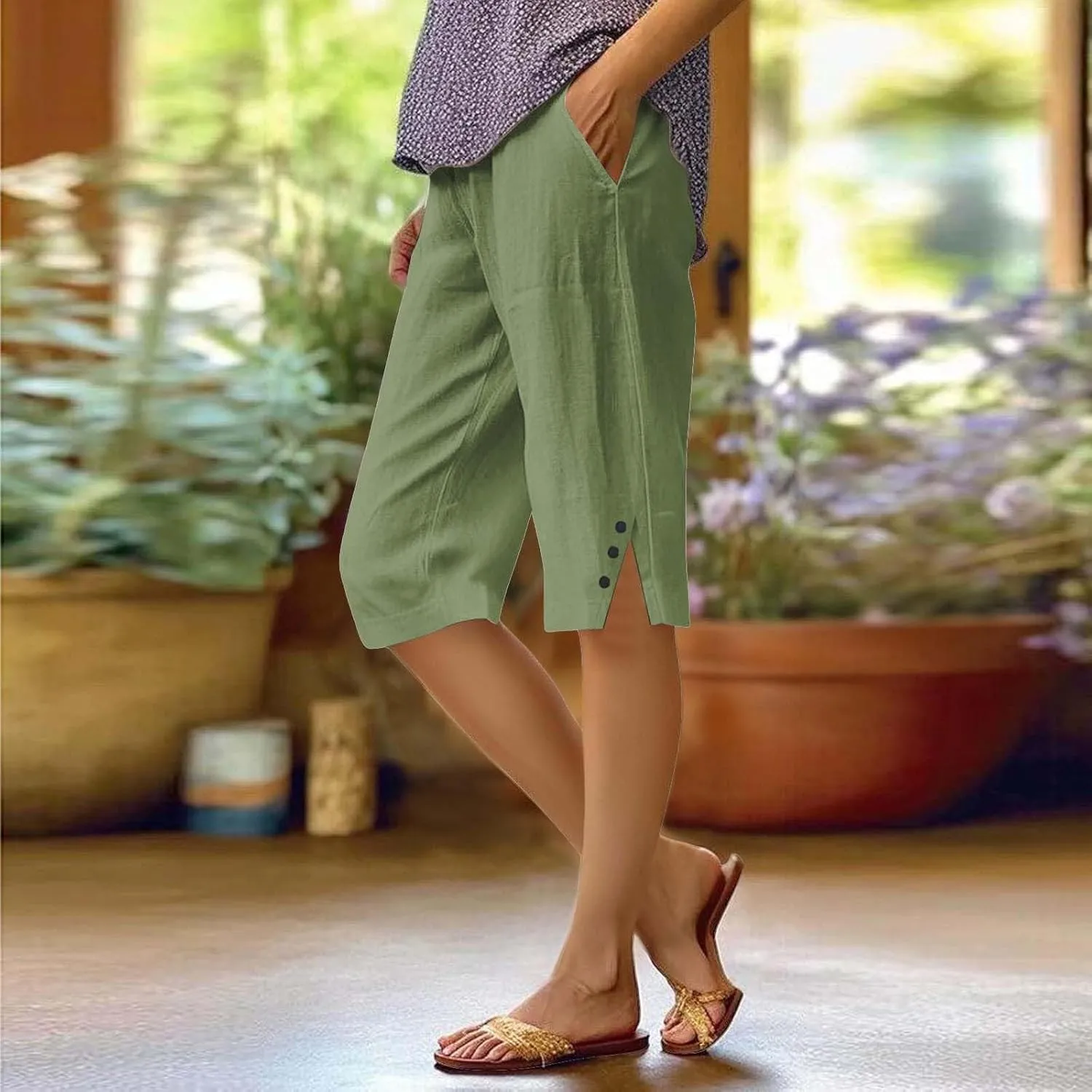 Cotton Linen Pants Summer Capri Pants for Women Straight Wide Leg Cropped Trousers with Elastic Drawstring Waist