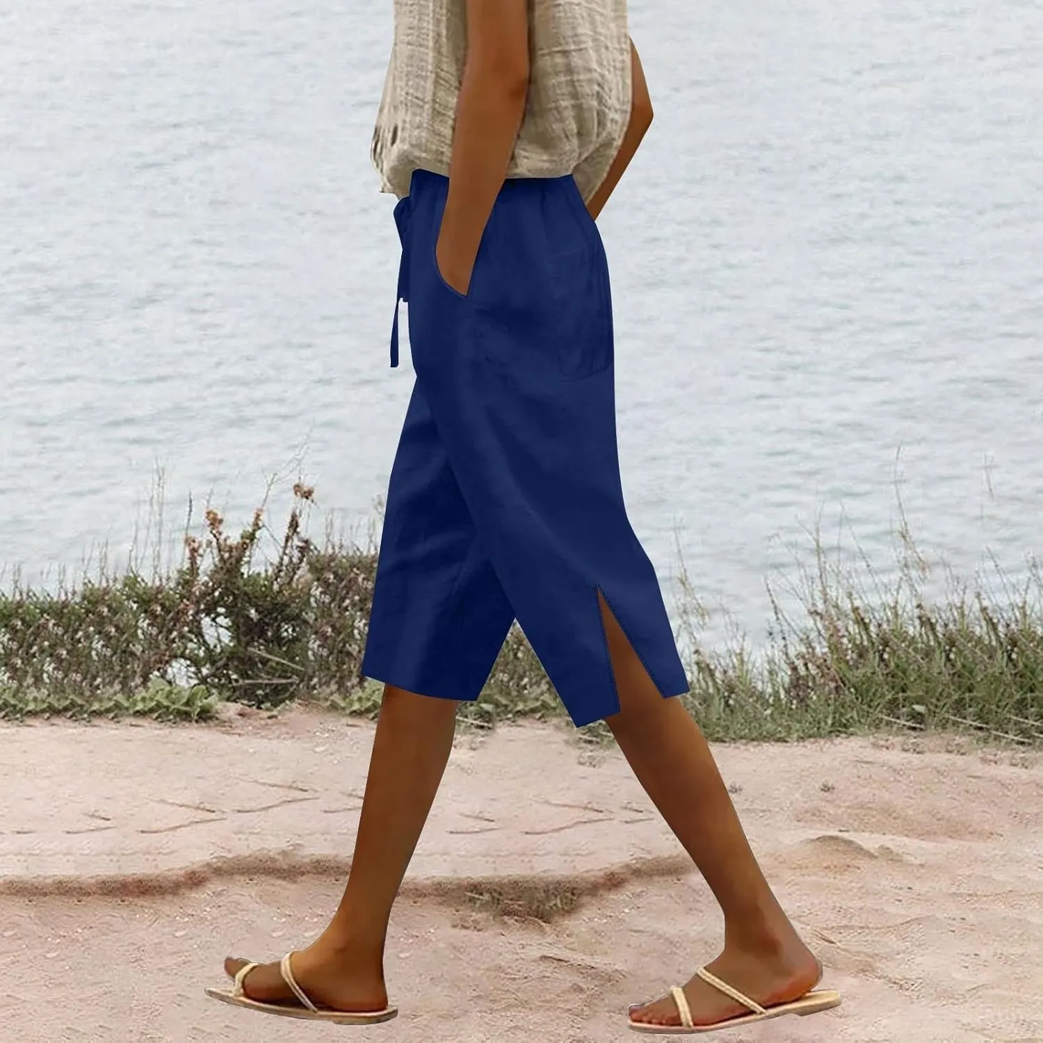 Cotton Linen Pants Summer Capri Pants for Women Straight Wide Leg Cropped Trousers with Elastic Drawstring Waist