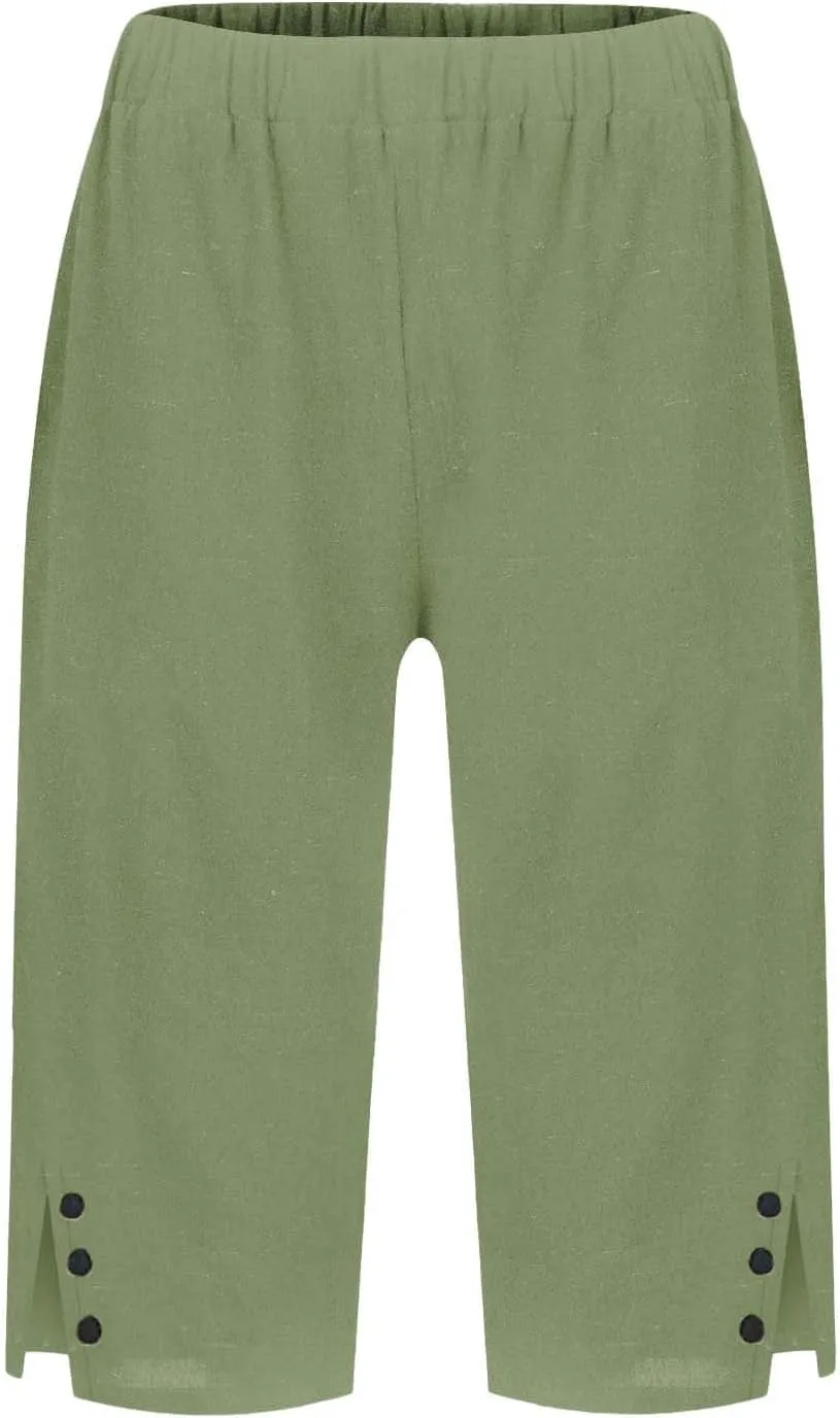 Cotton Linen Pants Summer Capri Pants for Women Straight Wide Leg Cropped Trousers with Elastic Drawstring Waist