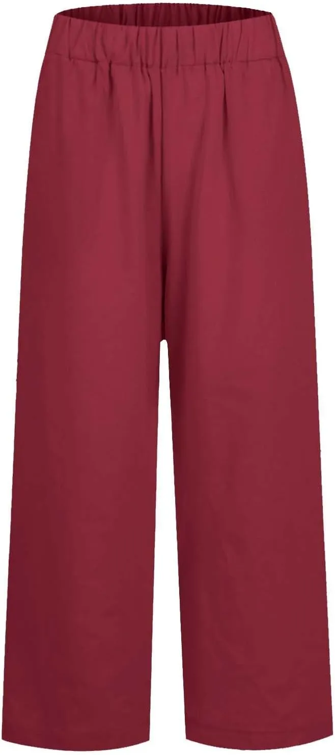 Cotton Linen Pants Women Summer Elastic Straight Leg Pants Plus Size Wide Leg Crop Pants Beach Trousers with Pockets