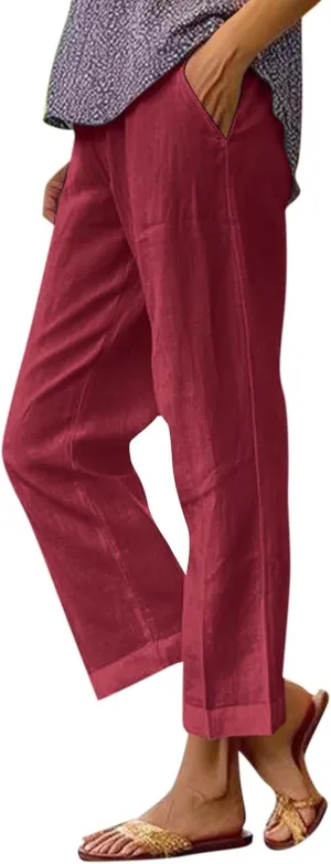 Cotton Linen Pants Women Summer Elastic Straight Leg Pants Plus Size Wide Leg Crop Pants Beach Trousers with Pockets