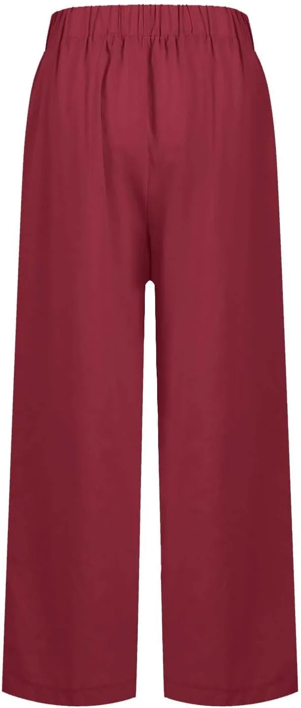 Cotton Linen Pants Women Summer Elastic Straight Leg Pants Plus Size Wide Leg Crop Pants Beach Trousers with Pockets