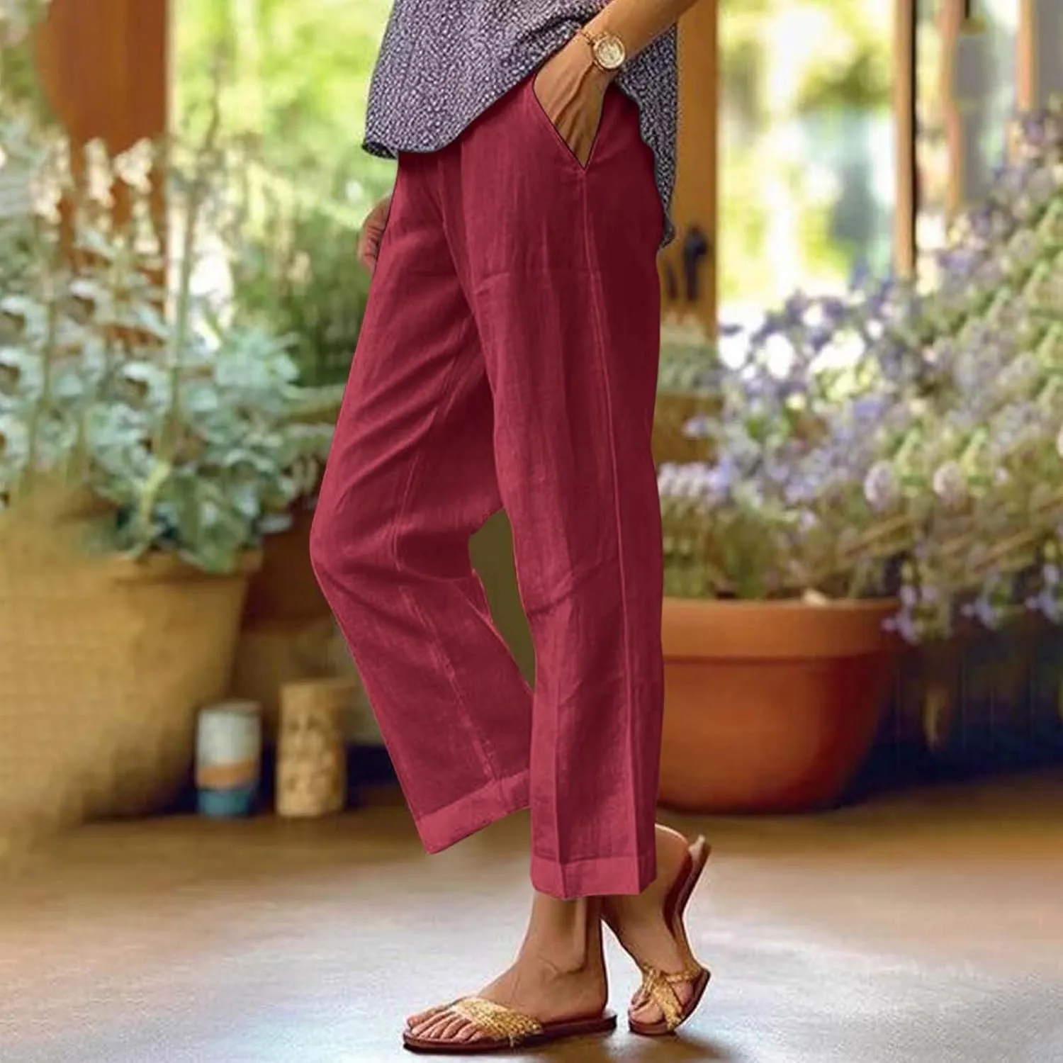Cotton Linen Pants Women Summer Elastic Straight Leg Pants Plus Size Wide Leg Crop Pants Beach Trousers with Pockets
