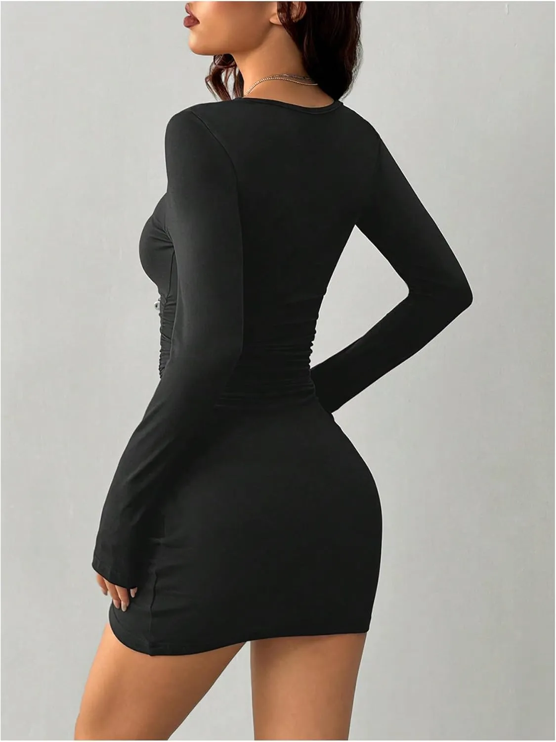 COZYEASE Women's Scallop Trim Ruched Bodycon Dress Sweetheart Neck Long Sleeve Night Out Mini Dresses