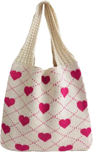 Crochet Tote Bags Boho Tote Bags Heart-shaped Beach Handbags Knit Vacation Aesthetic Casual Heart Hobo Bags