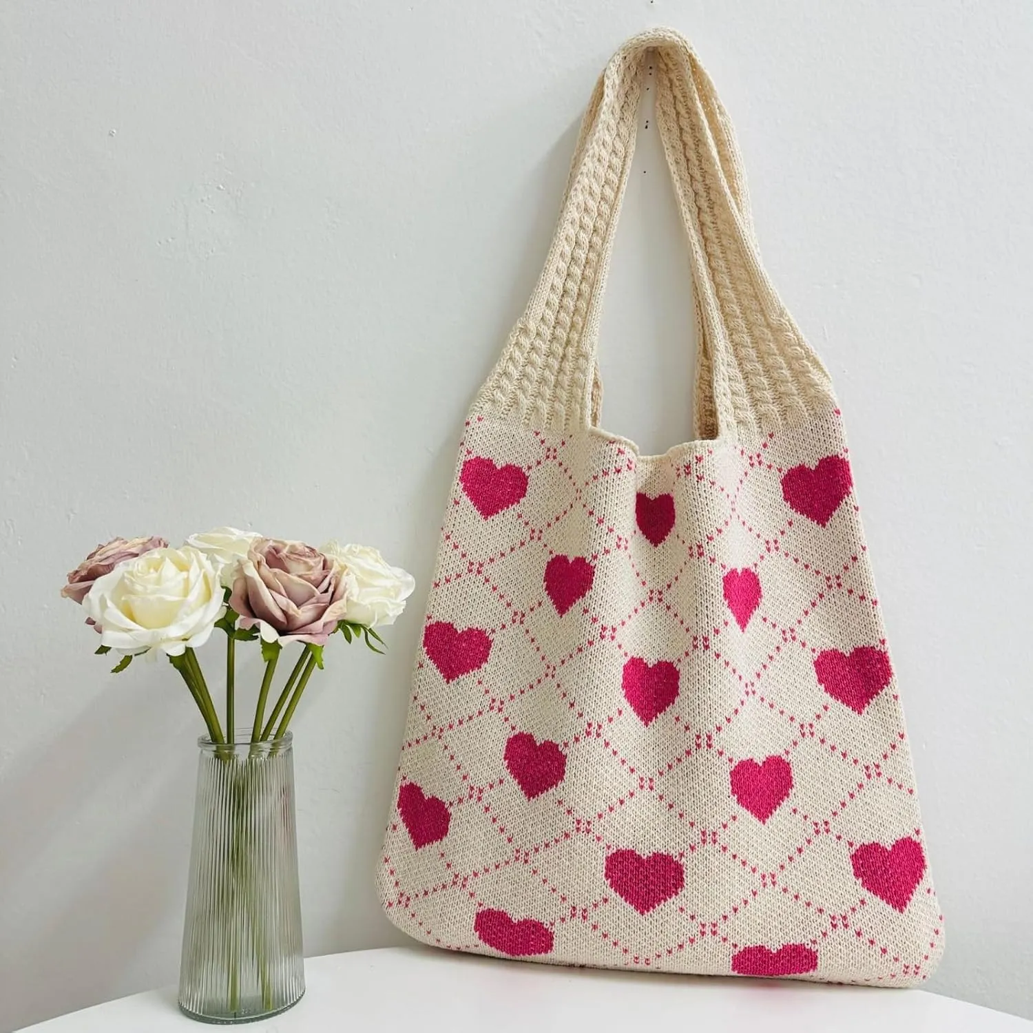 Crochet Tote Bags Boho Tote Bags Heart-shaped Beach Handbags Knit Vacation Aesthetic Casual Heart Hobo Bags