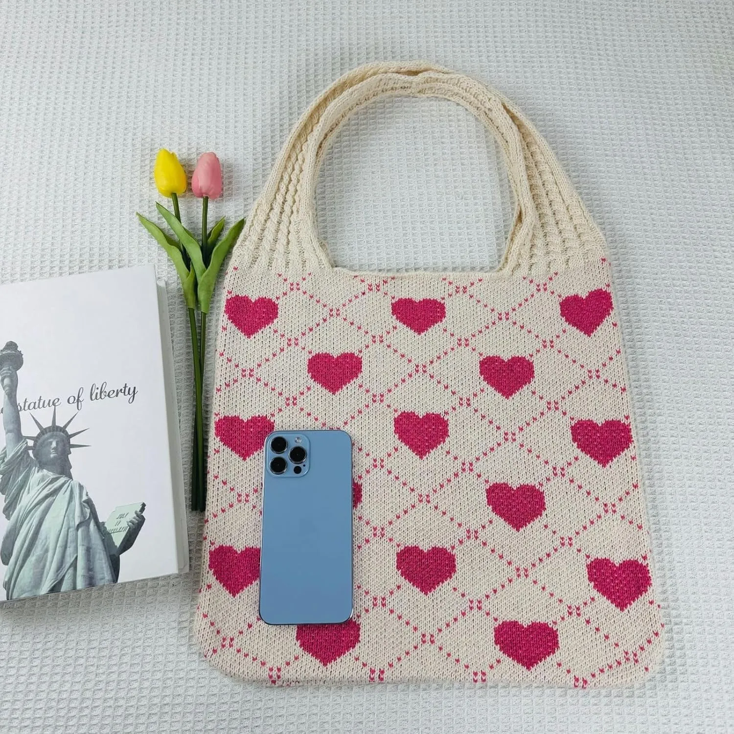 Crochet Tote Bags Boho Tote Bags Heart-shaped Beach Handbags Knit Vacation Aesthetic Casual Heart Hobo Bags