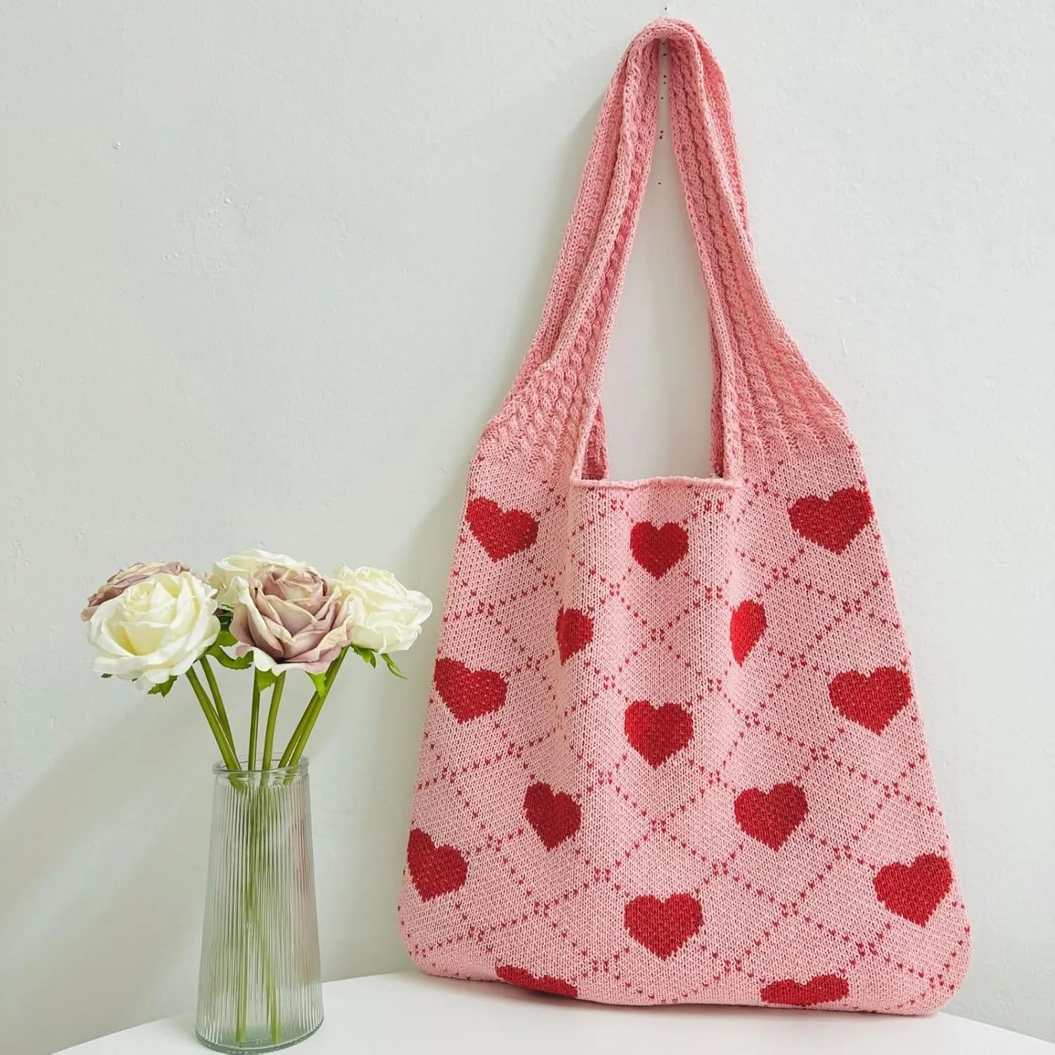 Crochet Tote Bags Boho Tote Bags Heart-shaped Beach Handbags Knit Vacation Aesthetic Casual Heart Hobo Bags