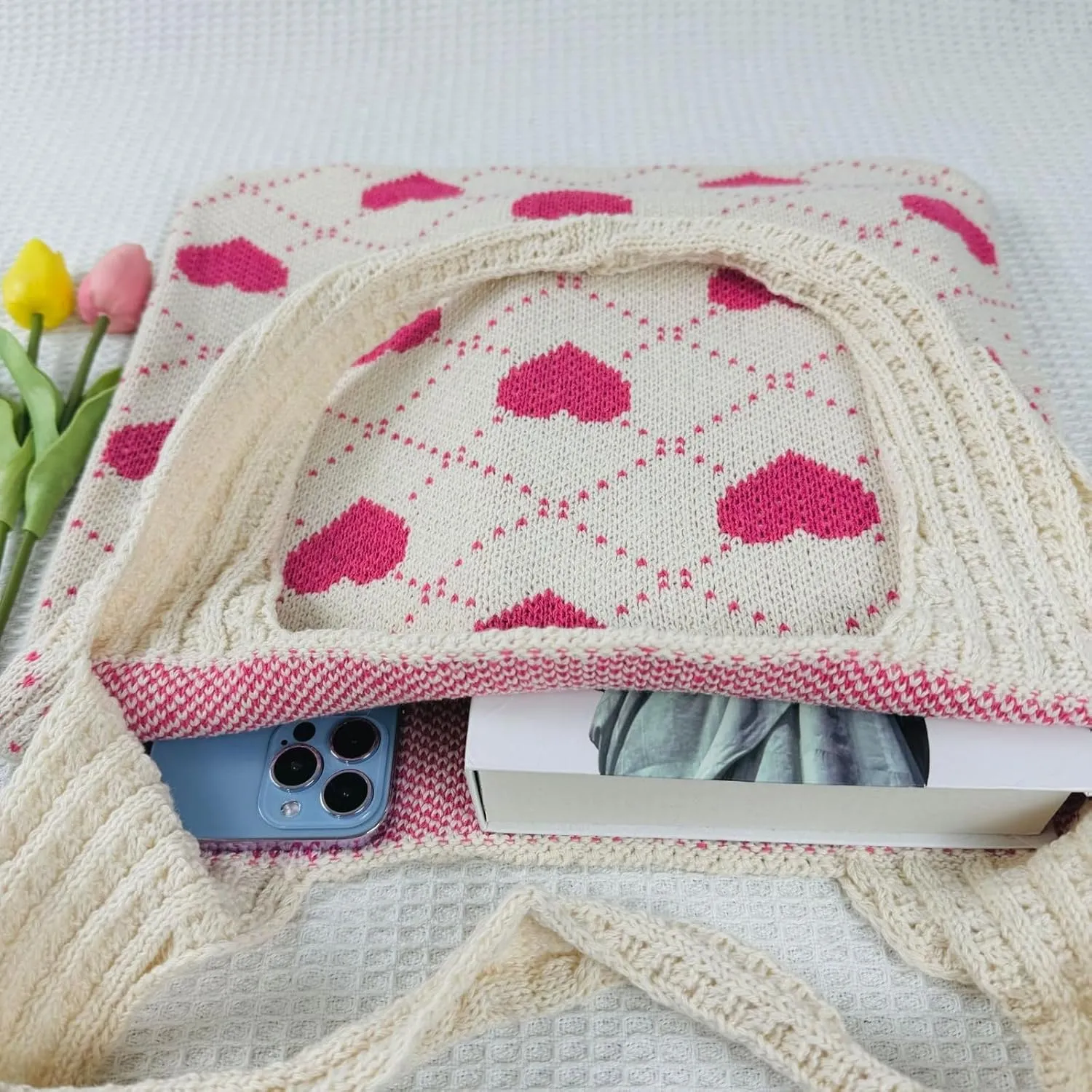 Crochet Tote Bags Boho Tote Bags Heart-shaped Beach Handbags Knit Vacation Aesthetic Casual Heart Hobo Bags