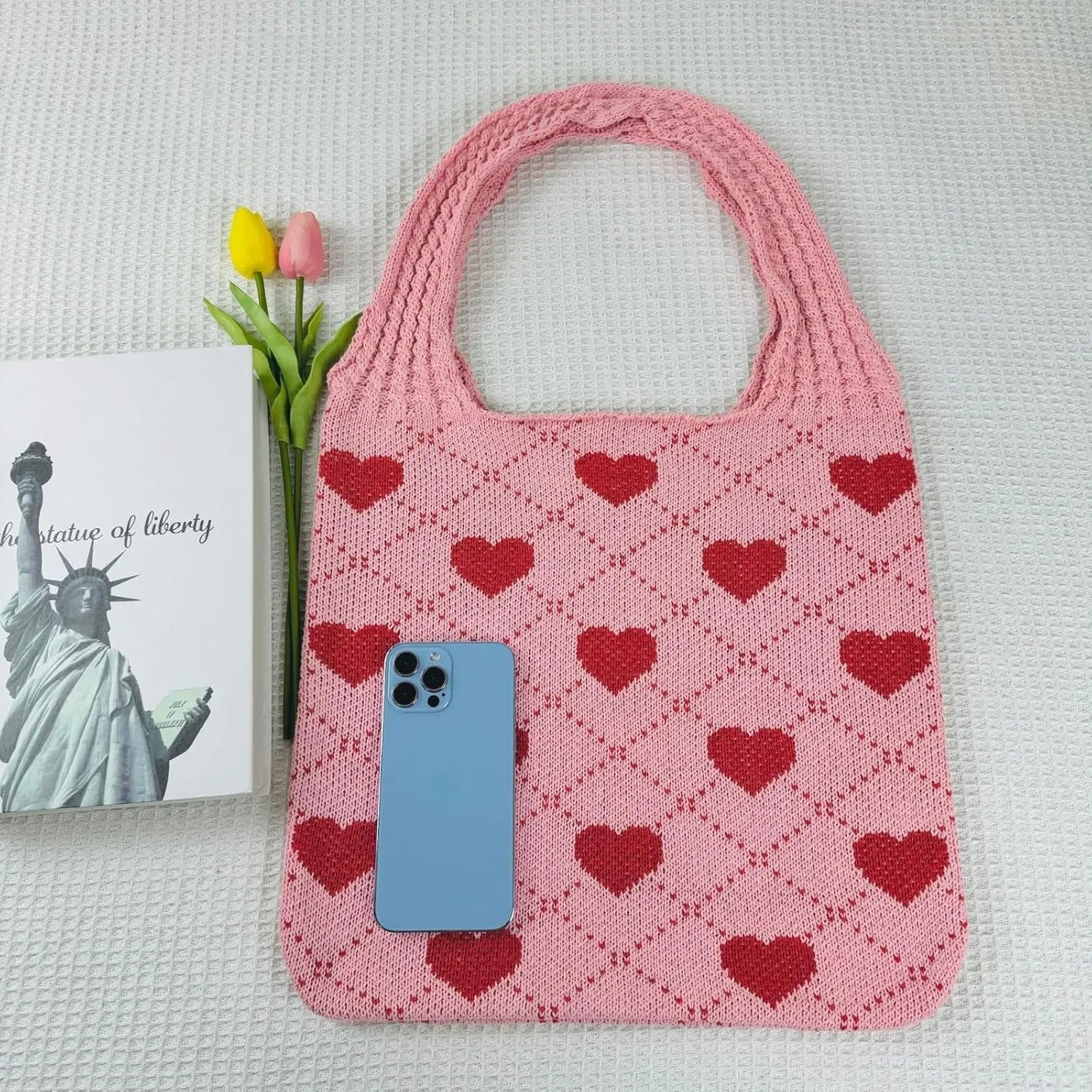 Crochet Tote Bags Boho Tote Bags Heart-shaped Beach Handbags Knit Vacation Aesthetic Casual Heart Hobo Bags