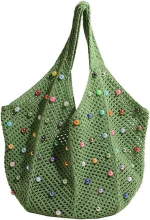 Crochet Tote Bags for Women Colorful Pearl Beaded Mesh Handbag Knitted Beach Shoulder Bags