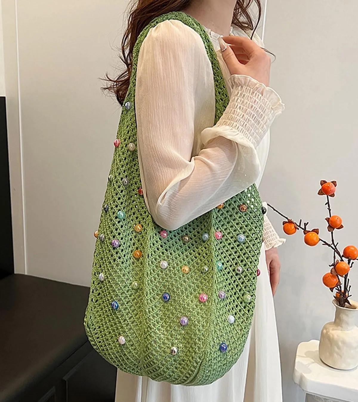 Crochet Tote Bags for Women Colorful Pearl Beaded Mesh Handbag Knitted Beach Shoulder Bags