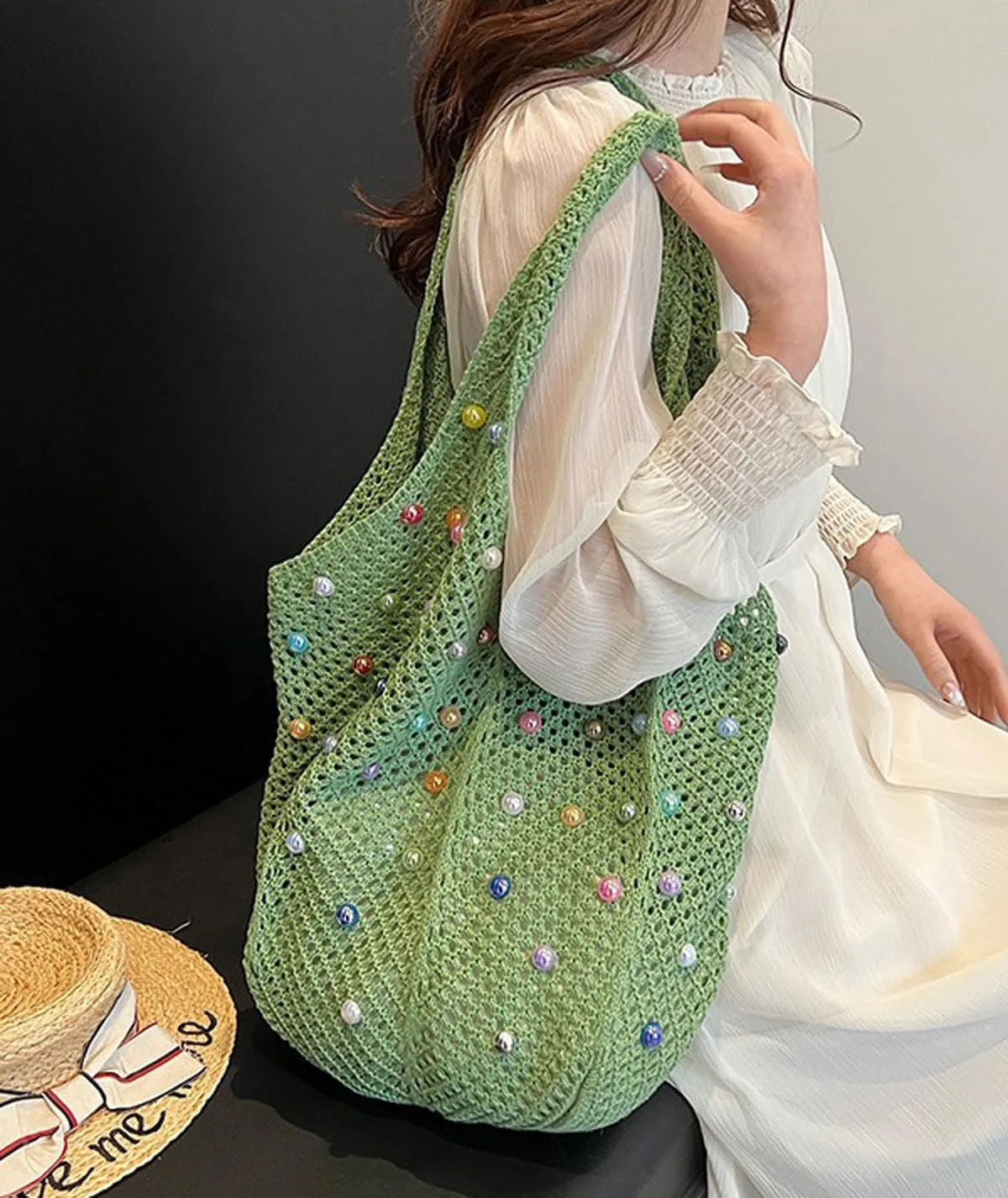 Crochet Tote Bags for Women Colorful Pearl Beaded Mesh Handbag Knitted Beach Shoulder Bags
