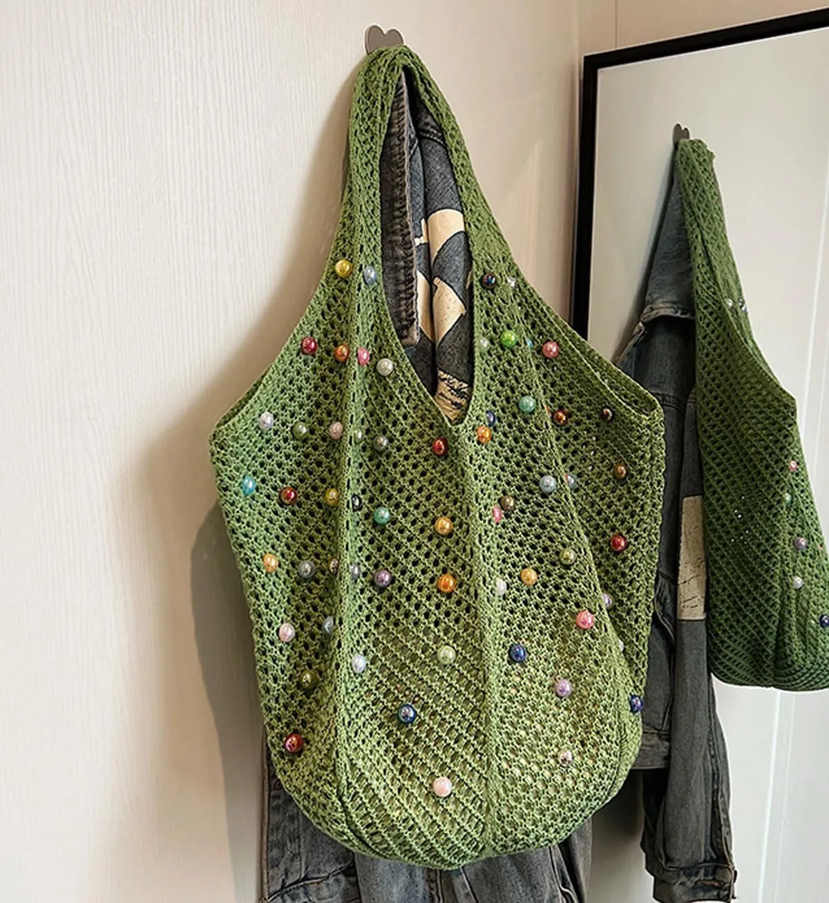 Crochet Tote Bags for Women Colorful Pearl Beaded Mesh Handbag Knitted Beach Shoulder Bags