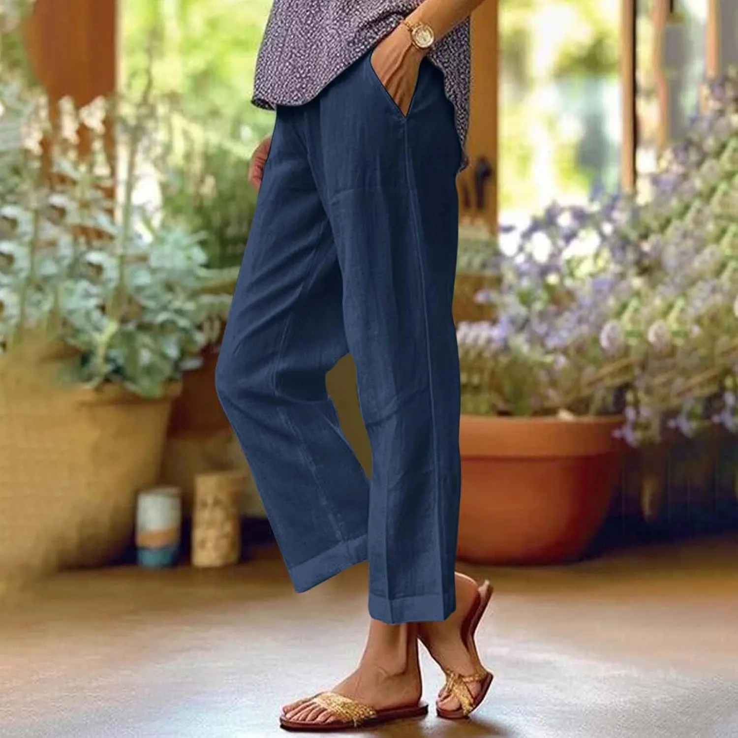 Cropped Linen Pants Women Summer Elastic Waist Straight Leg Plus Size Crop Pants Casual Beach Trousers with Pockets