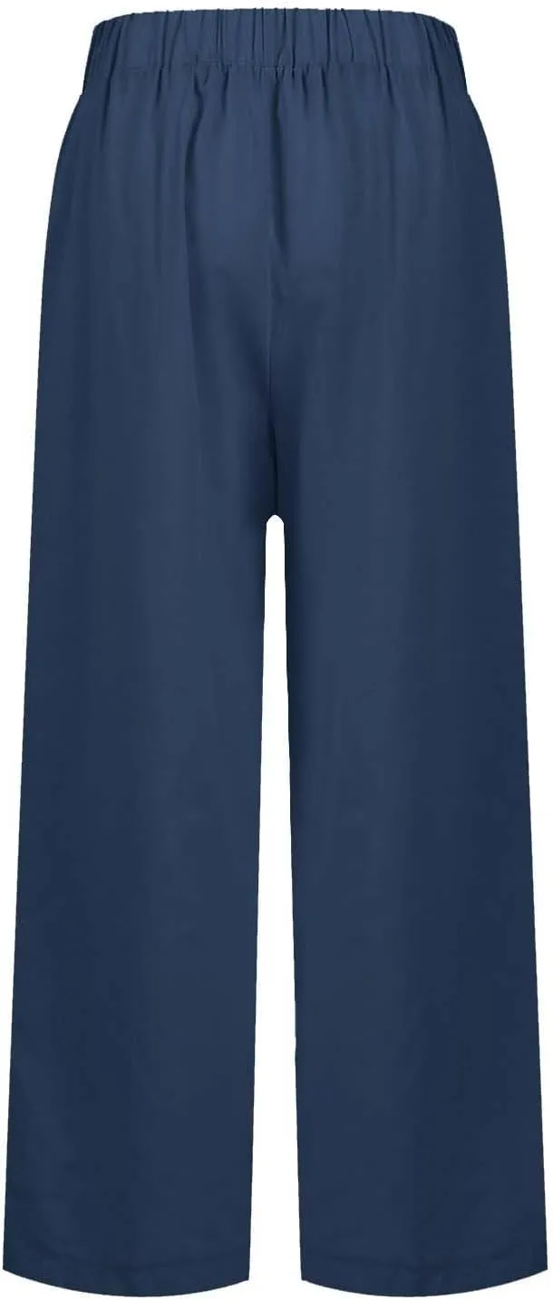 Cropped Linen Pants Women Summer Elastic Waist Straight Leg Plus Size Crop Pants Casual Beach Trousers with Pockets