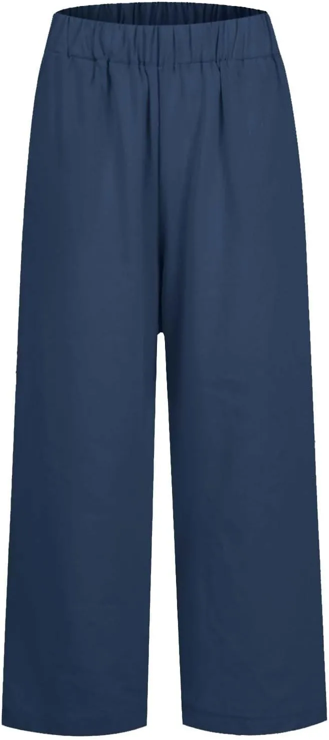 Cropped Linen Pants Women Summer Elastic Waist Straight Leg Plus Size Crop Pants Casual Beach Trousers with Pockets