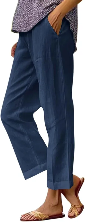 Cropped Linen Pants Women Summer Elastic Waist Straight Leg Plus Size Crop Pants Casual Beach Trousers with Pockets