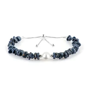 CRYSTALIS Natural Blue-Sapphire Beads Slider Bolo Bracelet with Elegant Pearl, Uncut Chips Nuggets Crystals, Chakra Healing Gemstone, Women Jewelry, 925 Sterling Silver Slider 10 inch