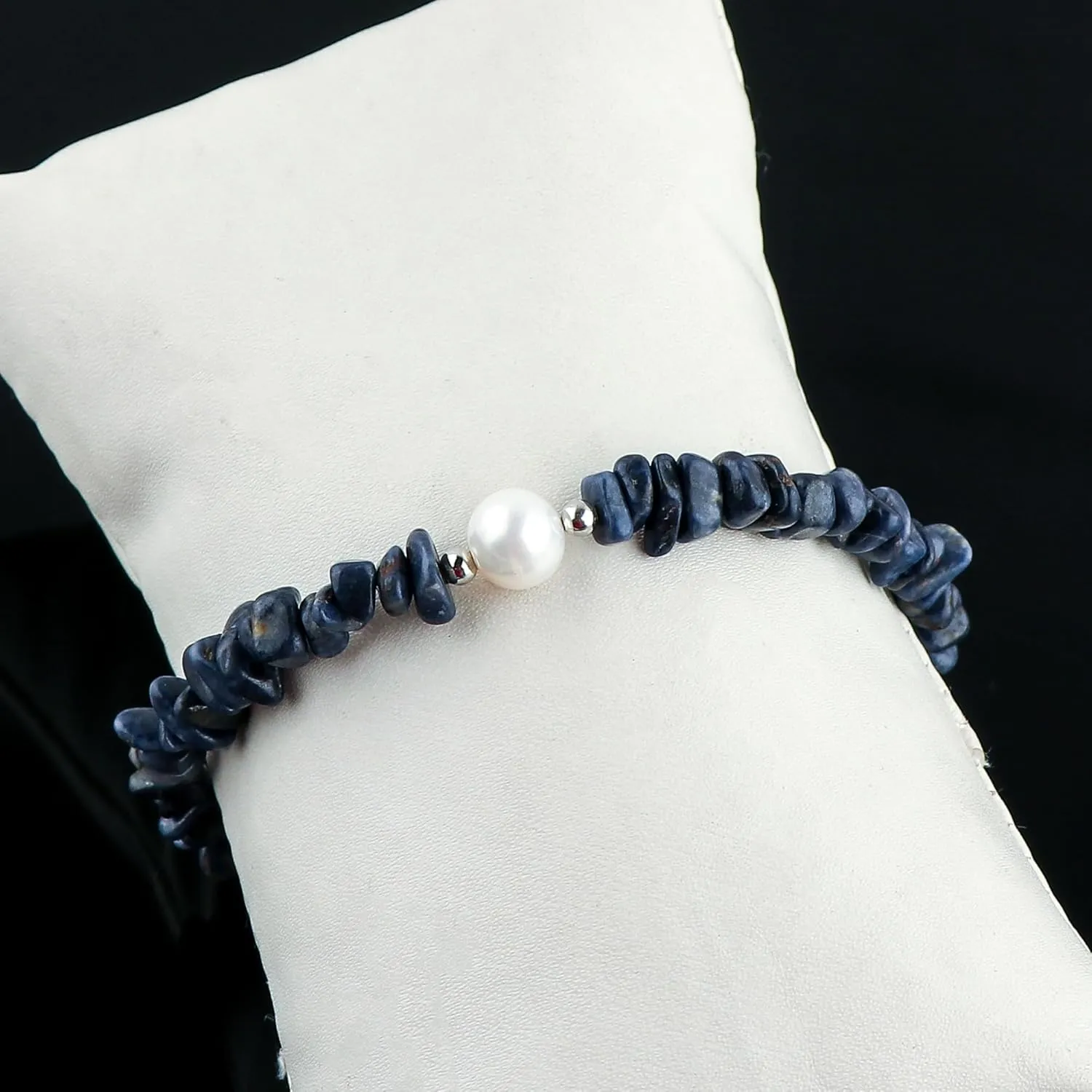 CRYSTALIS Natural Blue-Sapphire Beads Slider Bolo Bracelet with Elegant Pearl, Uncut Chips Nuggets Crystals, Chakra Healing Gemstone, Women Jewelry, 925 Sterling Silver Slider 10 inch
