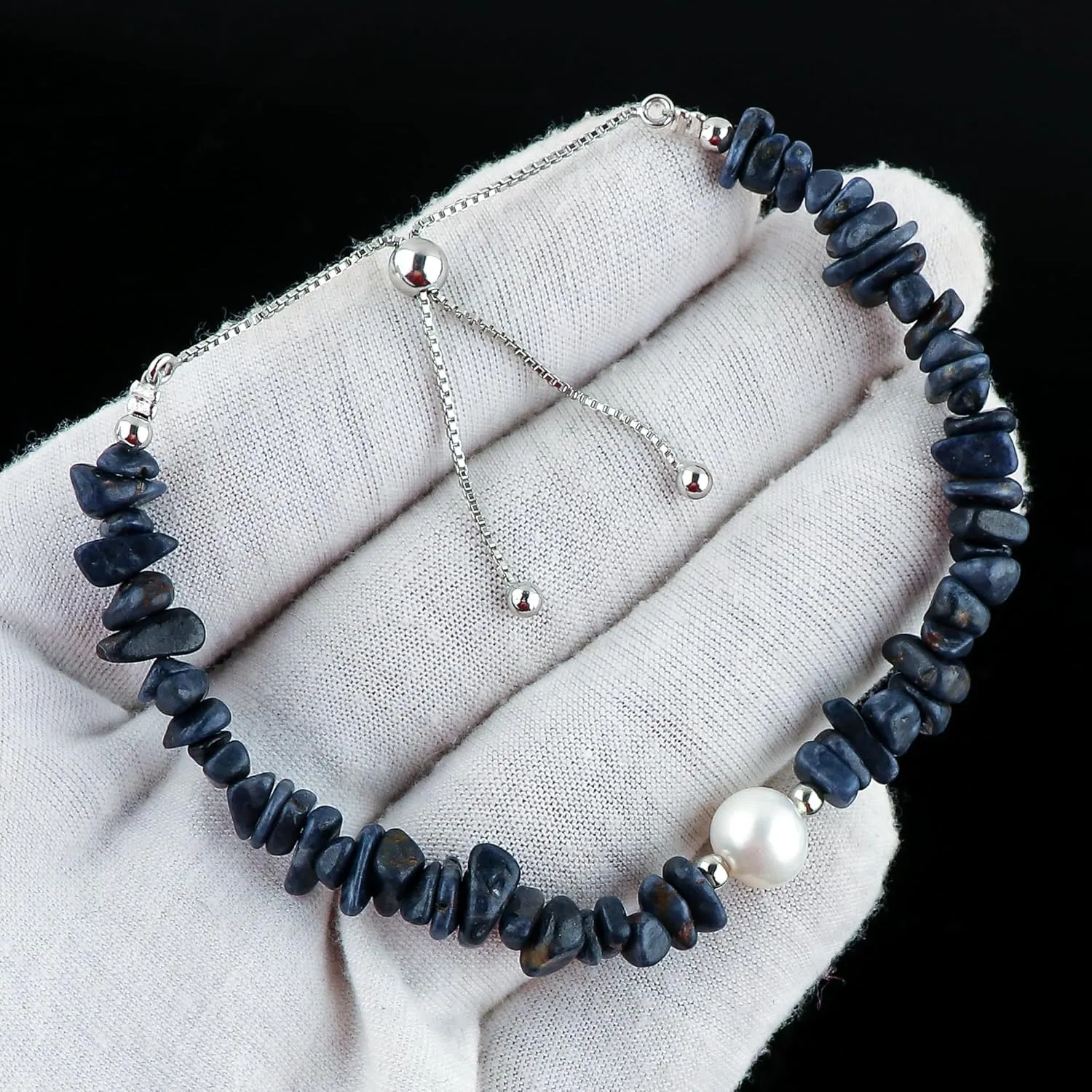 CRYSTALIS Natural Blue-Sapphire Beads Slider Bolo Bracelet with Elegant Pearl, Uncut Chips Nuggets Crystals, Chakra Healing Gemstone, Women Jewelry, 925 Sterling Silver Slider 10 inch