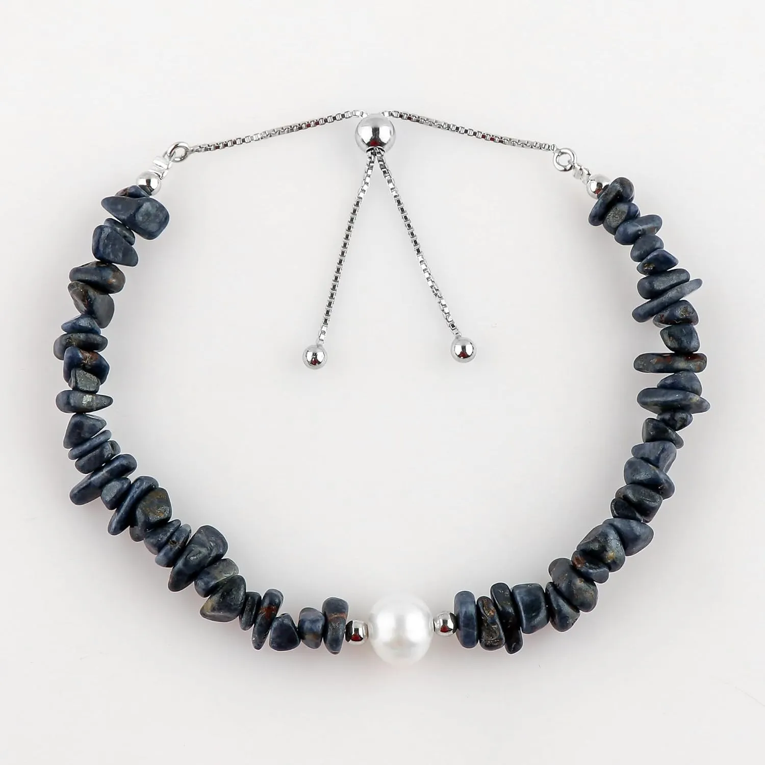 CRYSTALIS Natural Blue-Sapphire Beads Slider Bolo Bracelet with Elegant Pearl, Uncut Chips Nuggets Crystals, Chakra Healing Gemstone, Women Jewelry, 925 Sterling Silver Slider 10 inch