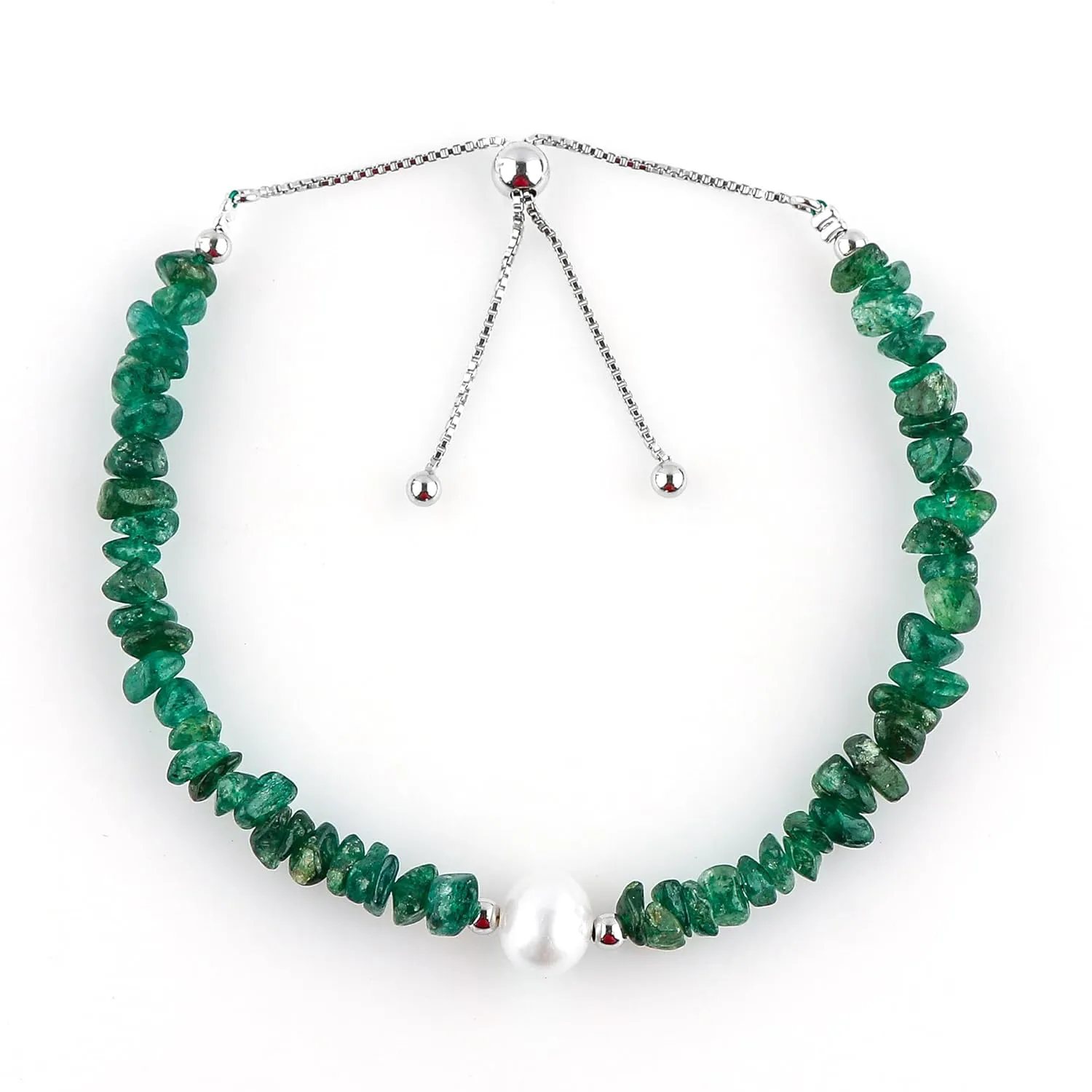 CRYSTALIS Natural Green-Jade Beads Slider Bolo Bracelet with Elegant Pearl, Uncut Chips Nuggets Crystals, Chakra Healing Gemstone, Women Jewelry, 925 Sterling Silver Slider 10 inch