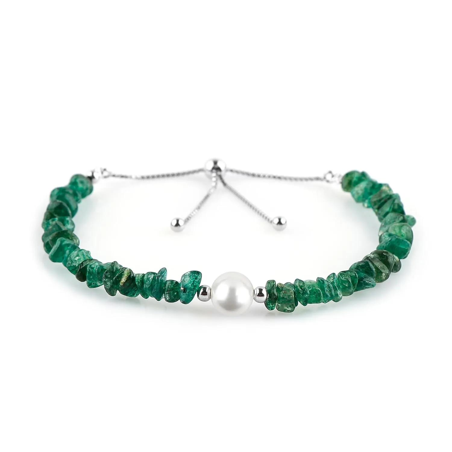 CRYSTALIS Natural Green-Jade Beads Slider Bolo Bracelet with Elegant Pearl, Uncut Chips Nuggets Crystals, Chakra Healing Gemstone, Women Jewelry, 925 Sterling Silver Slider 10 inch