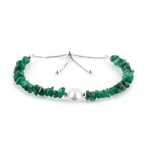 CRYSTALIS Natural Green-Jade Beads Slider Bolo Bracelet with Elegant Pearl, Uncut Chips Nuggets Crystals, Chakra Healing Gemstone, Women Jewelry, 925 Sterling Silver Slider 10 inch