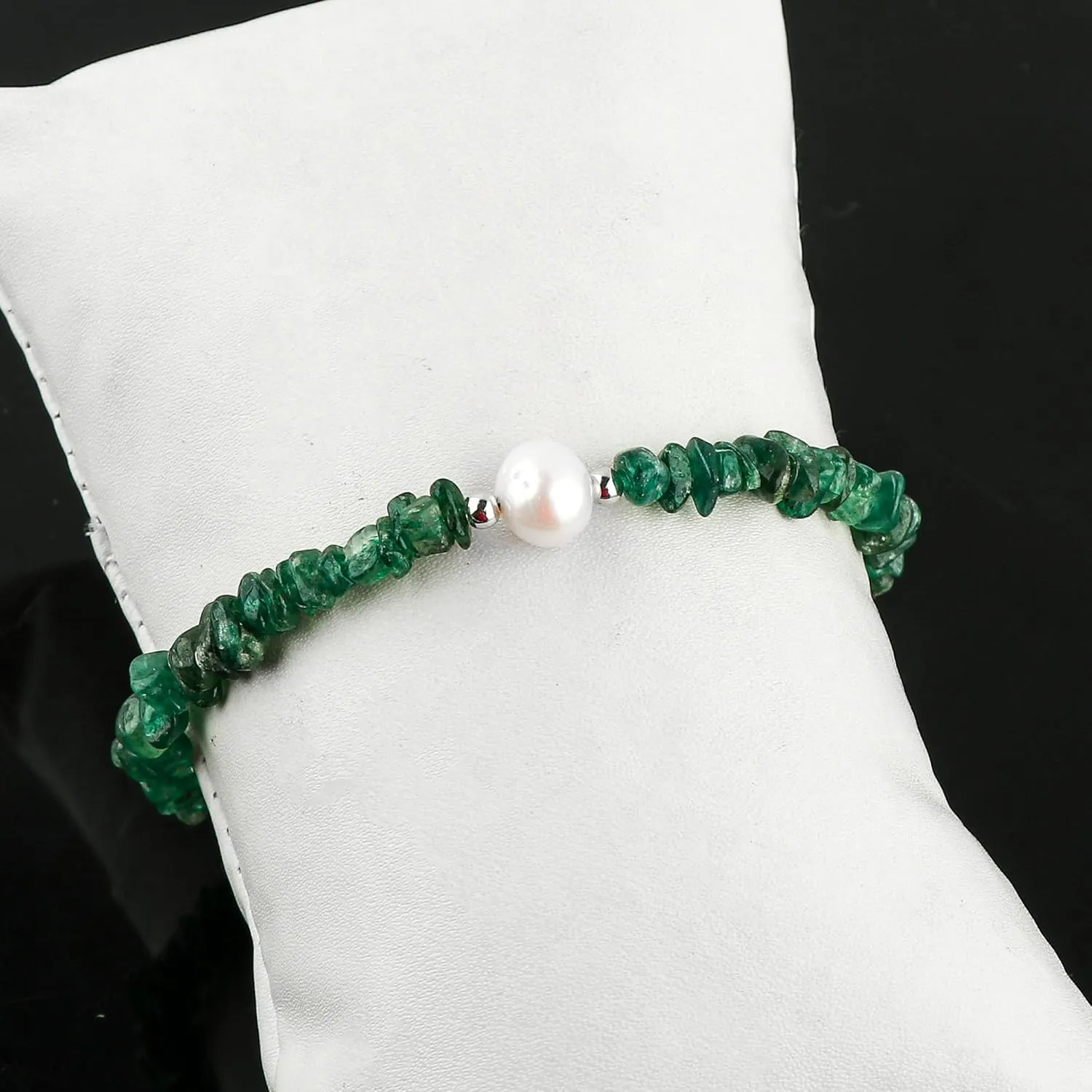 CRYSTALIS Natural Green-Jade Beads Slider Bolo Bracelet with Elegant Pearl, Uncut Chips Nuggets Crystals, Chakra Healing Gemstone, Women Jewelry, 925 Sterling Silver Slider 10 inch